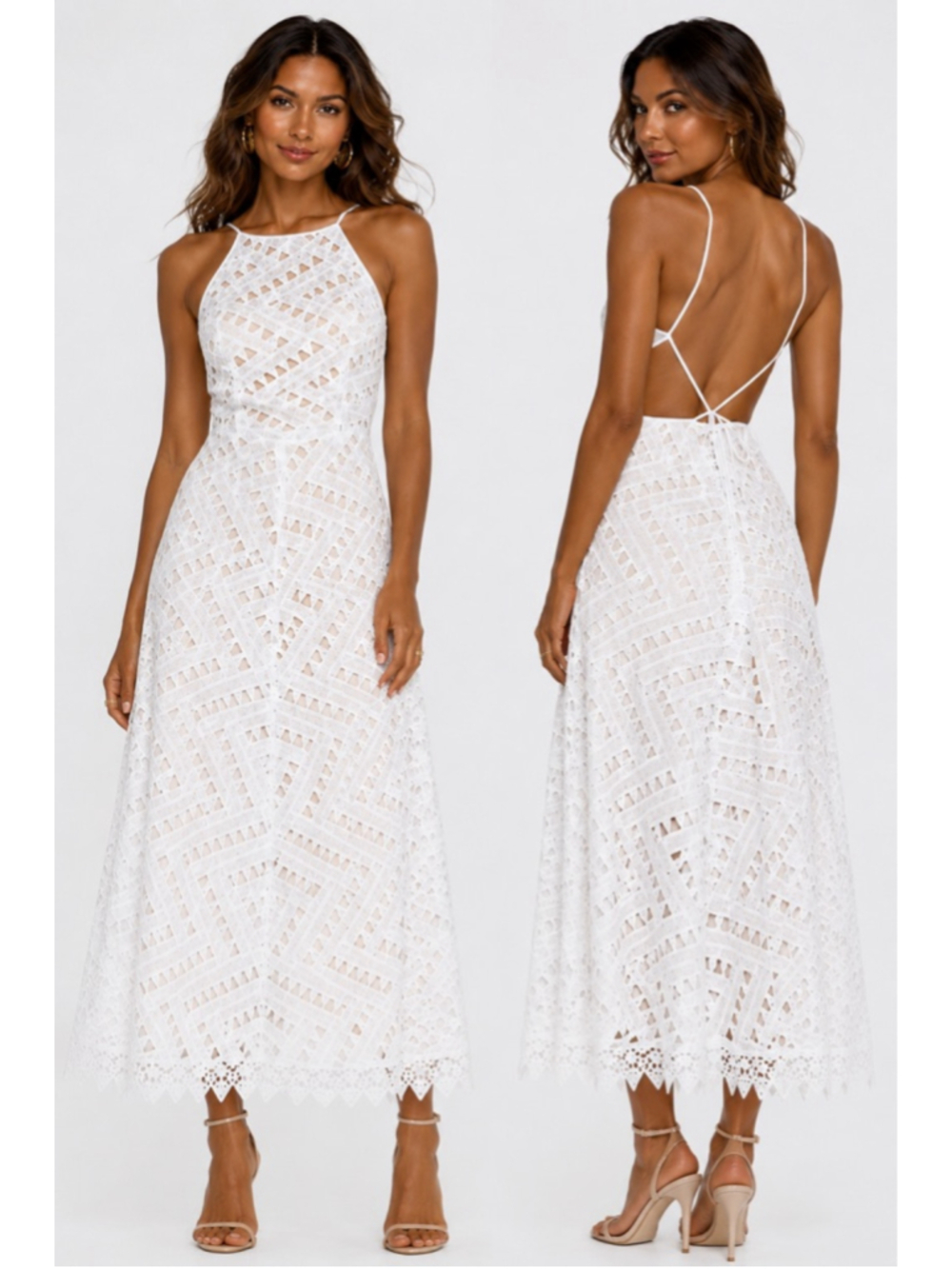 Line and Dot White Lace Halter Open Back Midi Dress NWT XS‎ Revolve Summer